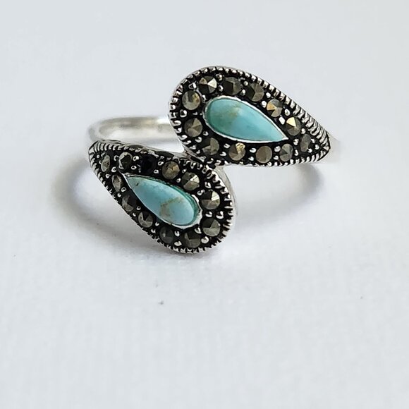 1990's Signed 925 Silver Classic Turquoise & Marcasite Ring Size 7 - Picture 10 of 12